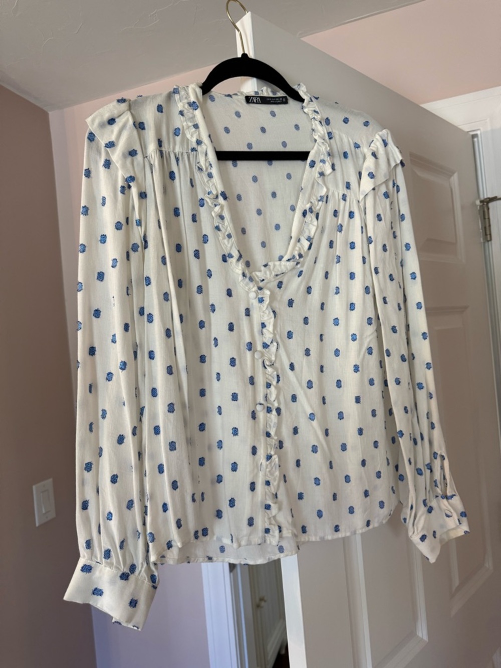 Zara Cream Ruffle V-Neck Blouse with Blue Dot Print